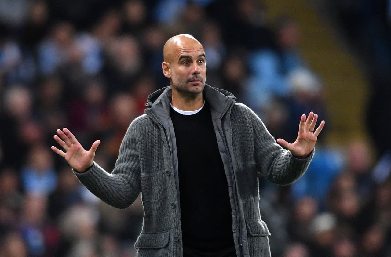 MANCHESTER, ENGLAND - NOVEMBER 07: Josep Guardiola, Manager of Manchester City reacts during the Group F match of the UEFA Champions League between Manchester City and FC Shakhtar Donetsk at Etihad Stadium on November 7, 2018 in Manchester, United Kingdom. (Photo by Laurence Griffiths/Getty Images)