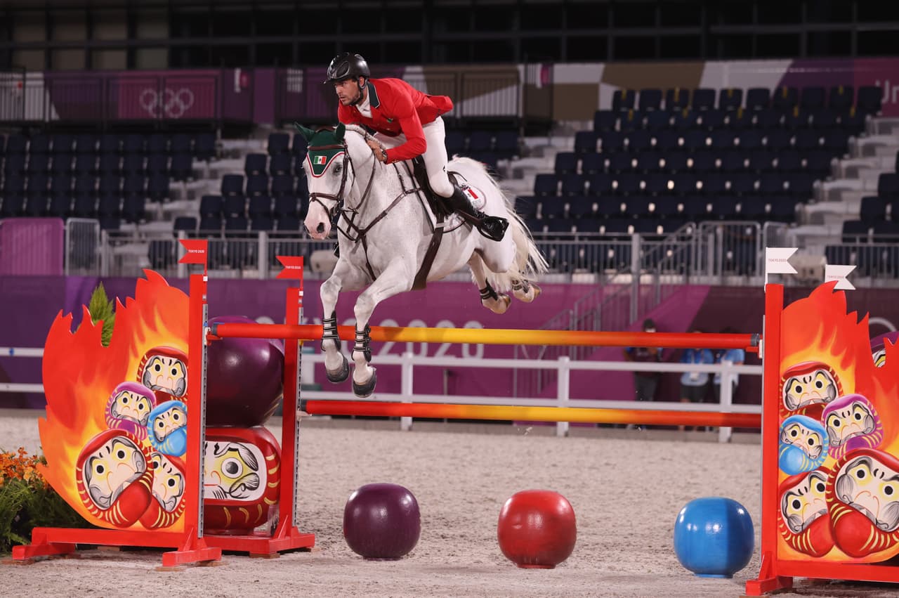 TOKYO, JAPAN - AUGUST 06: Eugenio Garza Perez of Team Mexico riding Armani SL Z competes during the Equestrian Jumping Team Qualifier on day fourteen of the Tokyo 2020 Olympic Games at Equestrian Park on August 06, 2021 in Tokyo, Japan. (Photo by Julian Finney/Getty Images)