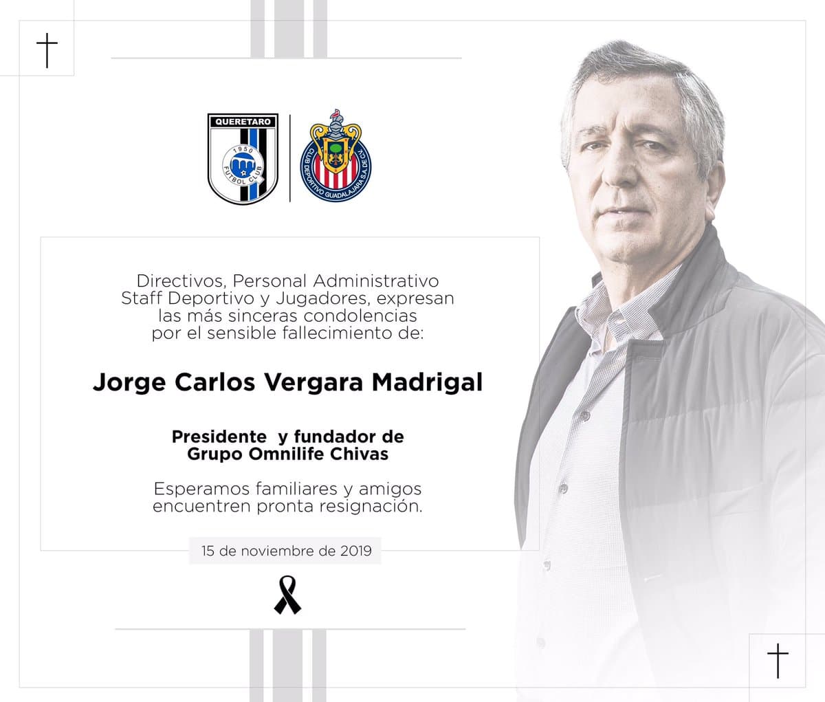 Clubes y jugadores lamentan profundamente el sensible fallecimiento de Jorge Vergara Madrigal.