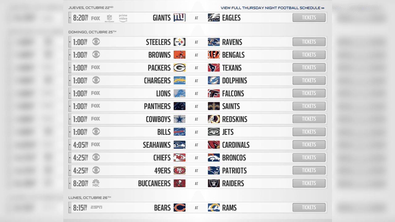 <b>SEMANA 7</b>
<br>- Descansan: Colts, Jaguars, Vikings y Titans.
<br>- Steelers ante Ravens en un clásico duelo divisional y Brady con Tampa Bay visitarán Las Vegas para enfrentarse a los Raiders.
