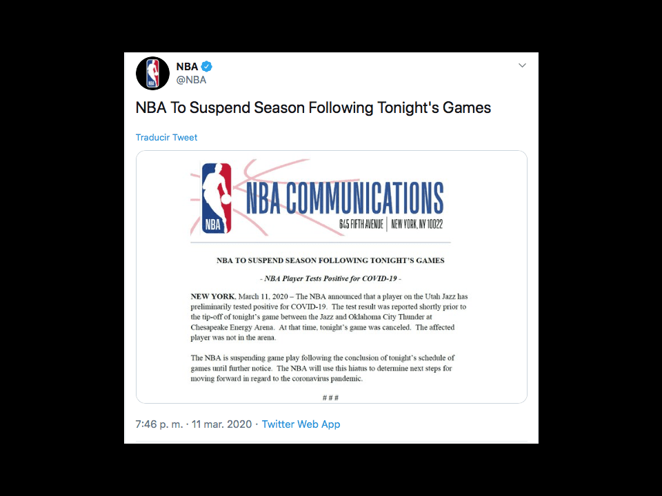 <b>NBA</b>
<br>Comunica que un jugador de Utah Jazz dio positivo a Coronavirus, así que el juego entre Jazz y Oklahoma queda cancelado. La NBA suspende partidos hasta nuevo aviso.