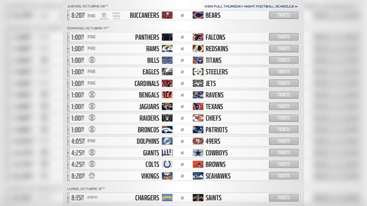 <b>SEMANA 5</b>
<br>- Descansan: Lions y Packers
<br>- Tom Brady y los Bucs abrirán la semana visitando Soldier Field ante Chicago Bears.