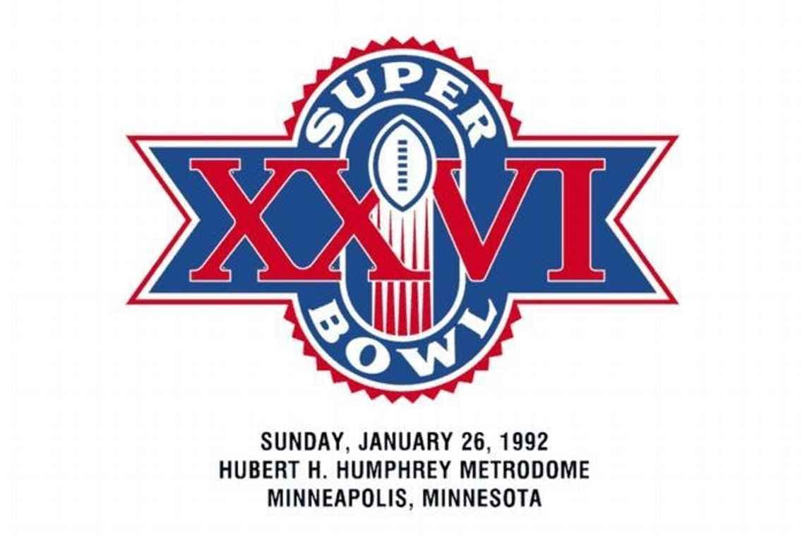 Super Bowl XXVI - Muy estadounidense, por los colores y la imagen. Nos presenta un balón de futbol americano raro, aunque no lo imaginemos, en los logos del evento.