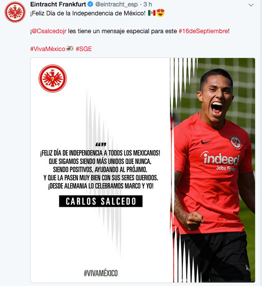 El equipo de Salcedo, Eintracht Frankfurt, también envió su saludo.
