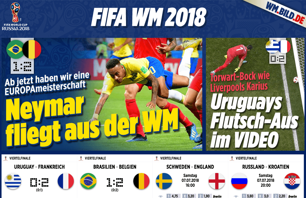 El diario alemán
<i>Bild</i> excesivamente descriptivo: "Neymar sale volando de la Copa del Mundo".