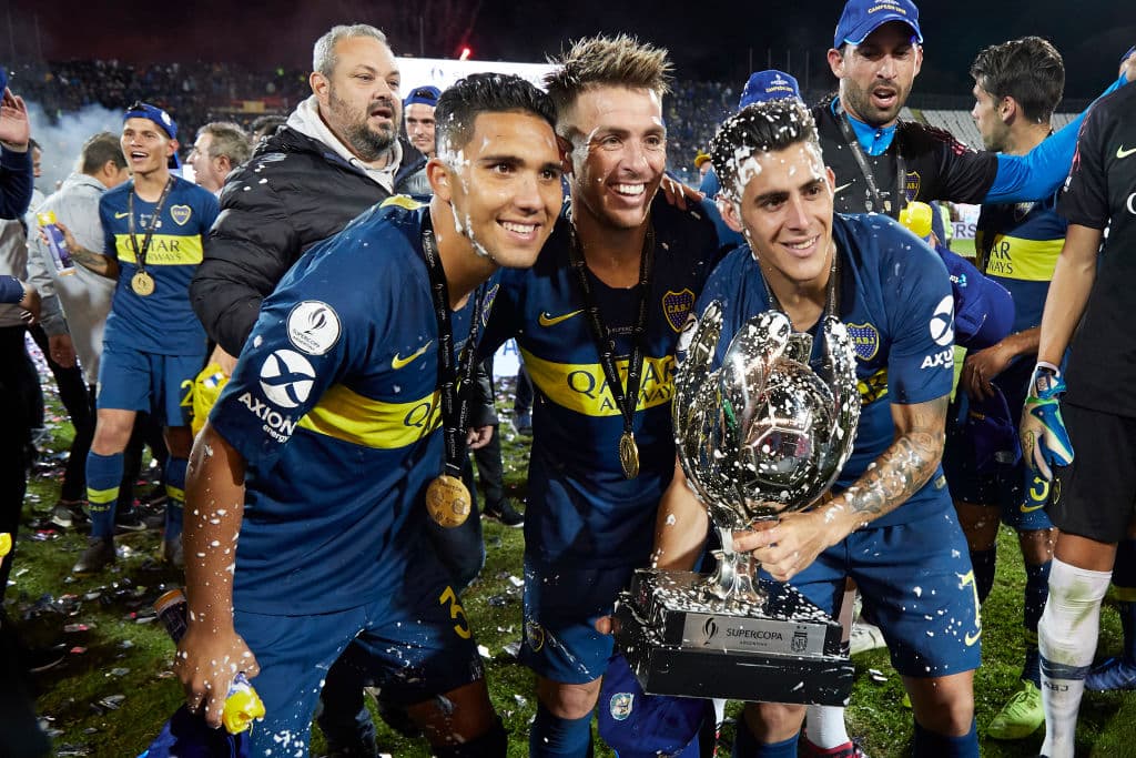 Reynoso, Buffarin y Pavón en Mendoza, celebrando la Supercopa en 2019.