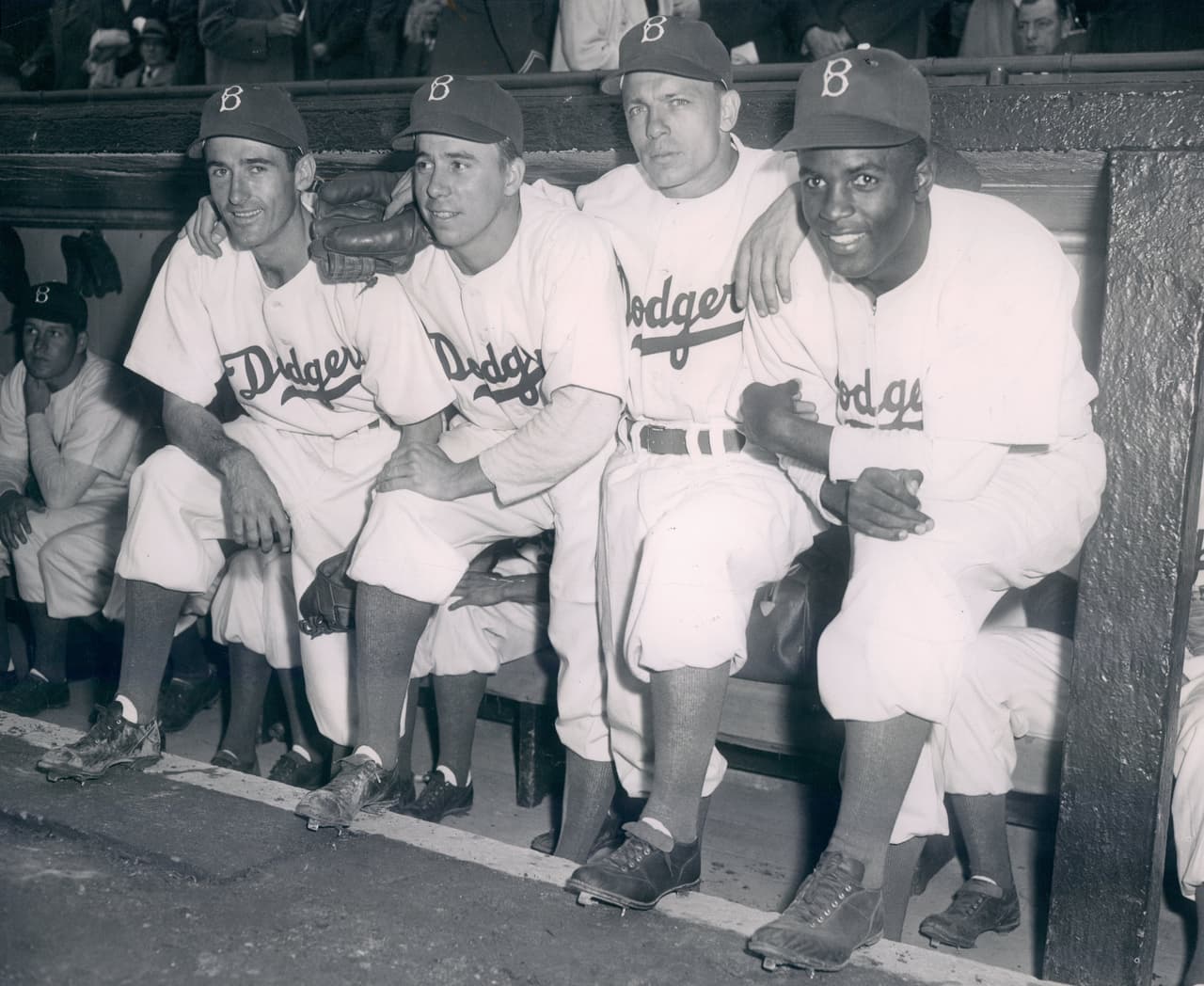 UNSPECIFIED - UNDATED: Brooklyn Dodgers infielders Spider Jorgensen, Pee Wee Reese, Eddie Starkey and Jackie Robinson. (Photo by William Greene/Sports Studio Photos/Getty Images)