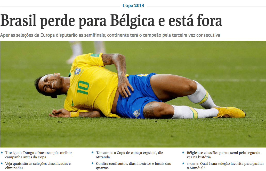 El diario
<i>Folha de Sao Paulo</i> intitula su front page digital "Brasil pierde con Bélgica y está fuera", mientras exhibe una foto de Neymar con rictus de dolor y en el piso.