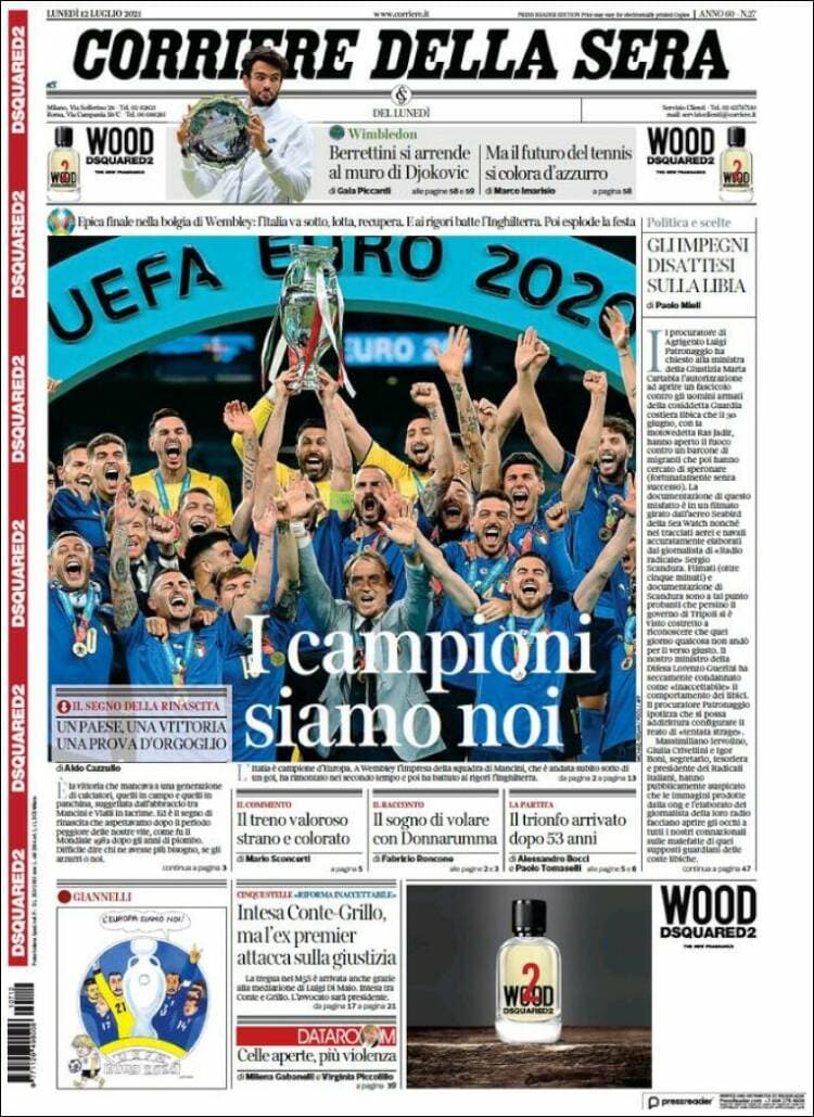 La prensa italiana celebra el campeonato en todos sus ejemplares, dedicándoles la portada a la 'Scuadra Azzurra', mientras que la prensa británica muestra, en la mayoría de sus periódicos muestra al entrenador Gareth Southgate abrazando a Bukayo Saka tras fallar el último penal que le dio la victoria a Italia.